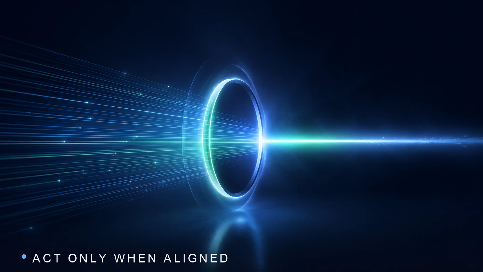 Many fine parallel streams of light passing through a glowing circular aperture and focusing into one bright beam.