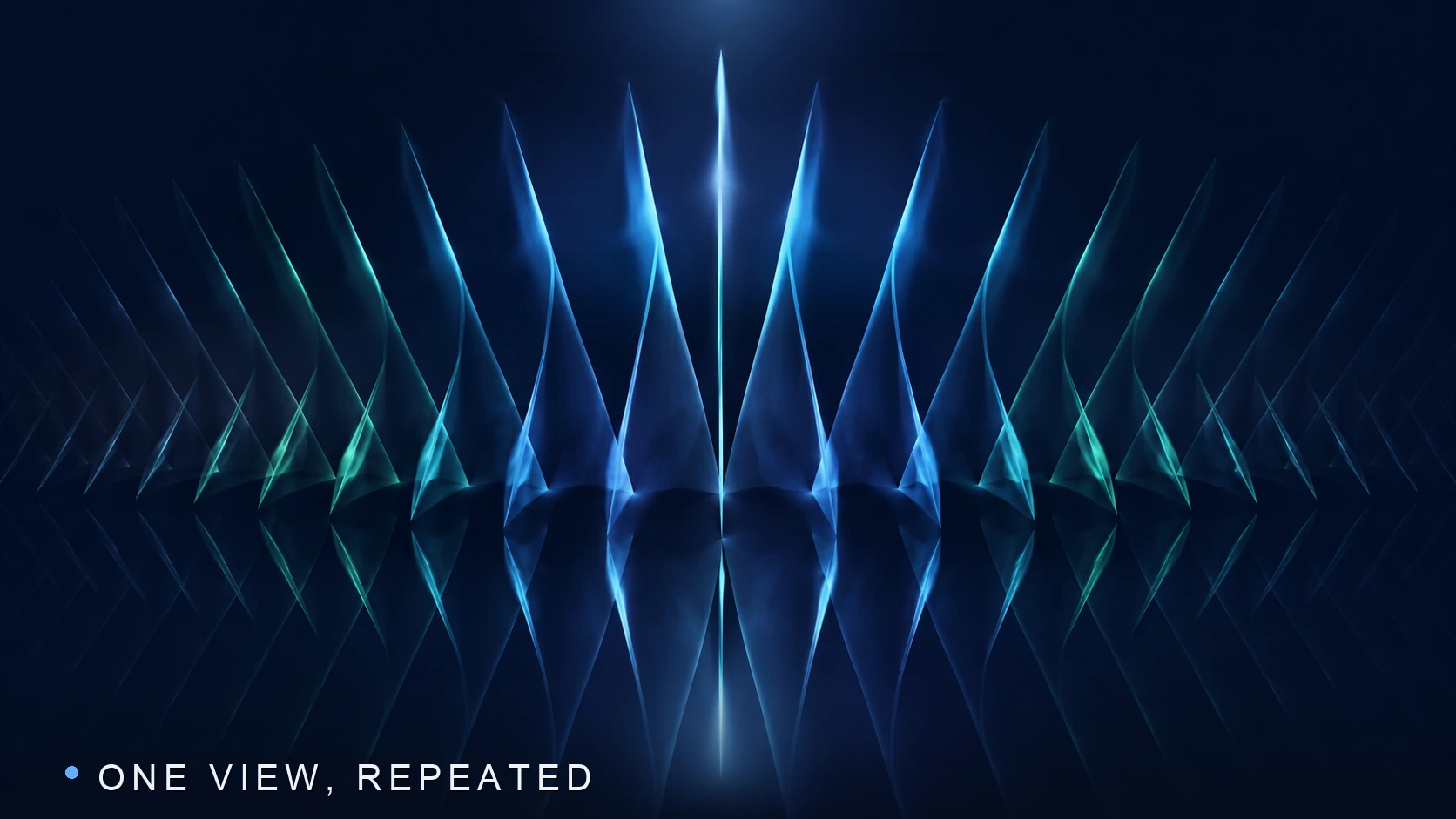Many identical luminous spires leaning the same way, mirrored as reflections of a single form.