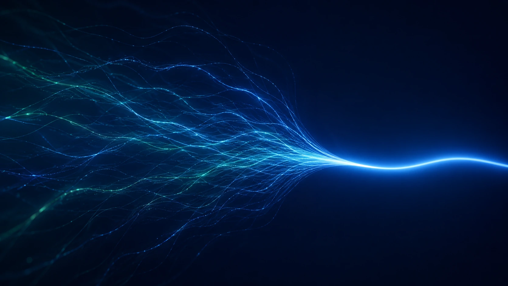 Many fine luminous threads of light, blue and emerald, weaving and converging into one bright confident stream against a deep navy field.