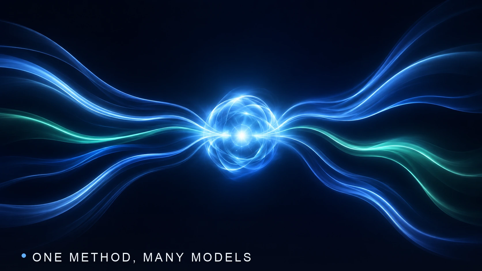 A central glowing core of light with smooth luminous ribbons flowing into it from the left and out to the right.