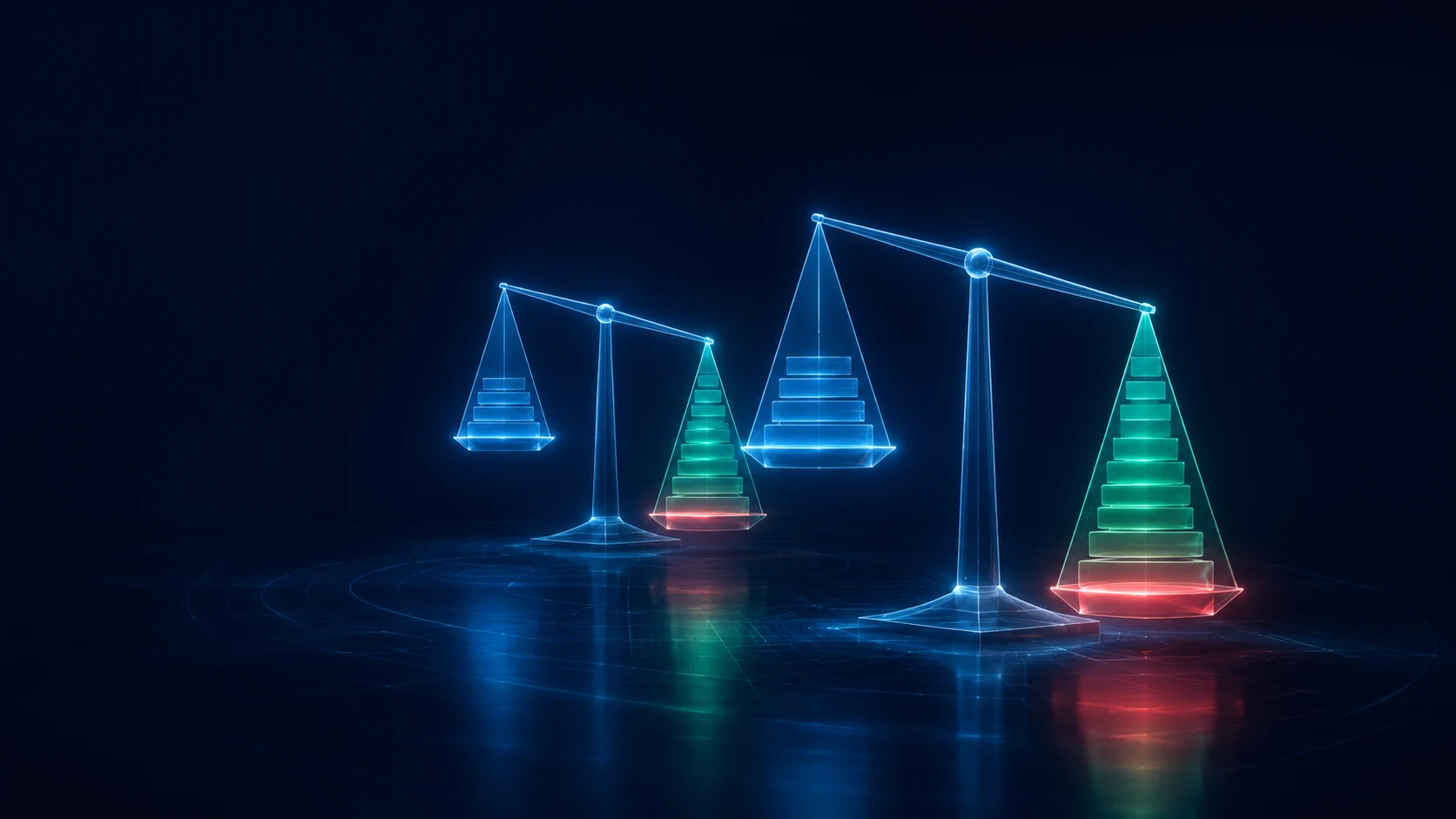 Two luminous balance scales side by side, a near and a medium horizon, both tipping the same way at once, glowing blue to emerald with a soft coral accent.
