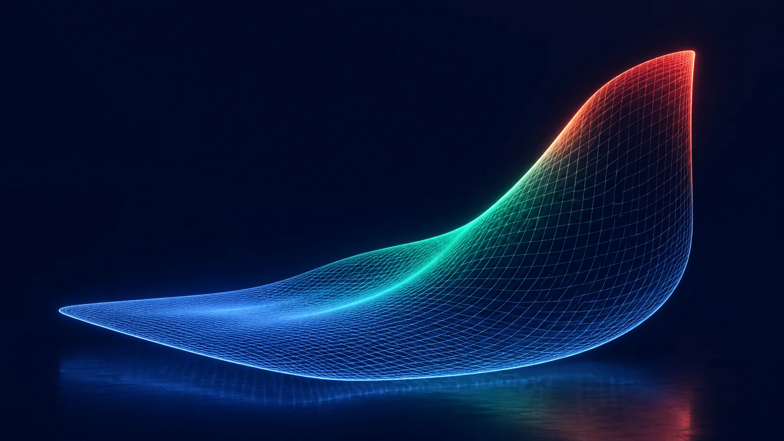 A smooth luminous three-dimensional gridded surface seen in perspective, steeper at the front and flatter at the back with one side lopsided higher, glowing blue to emerald with a coral ridge.